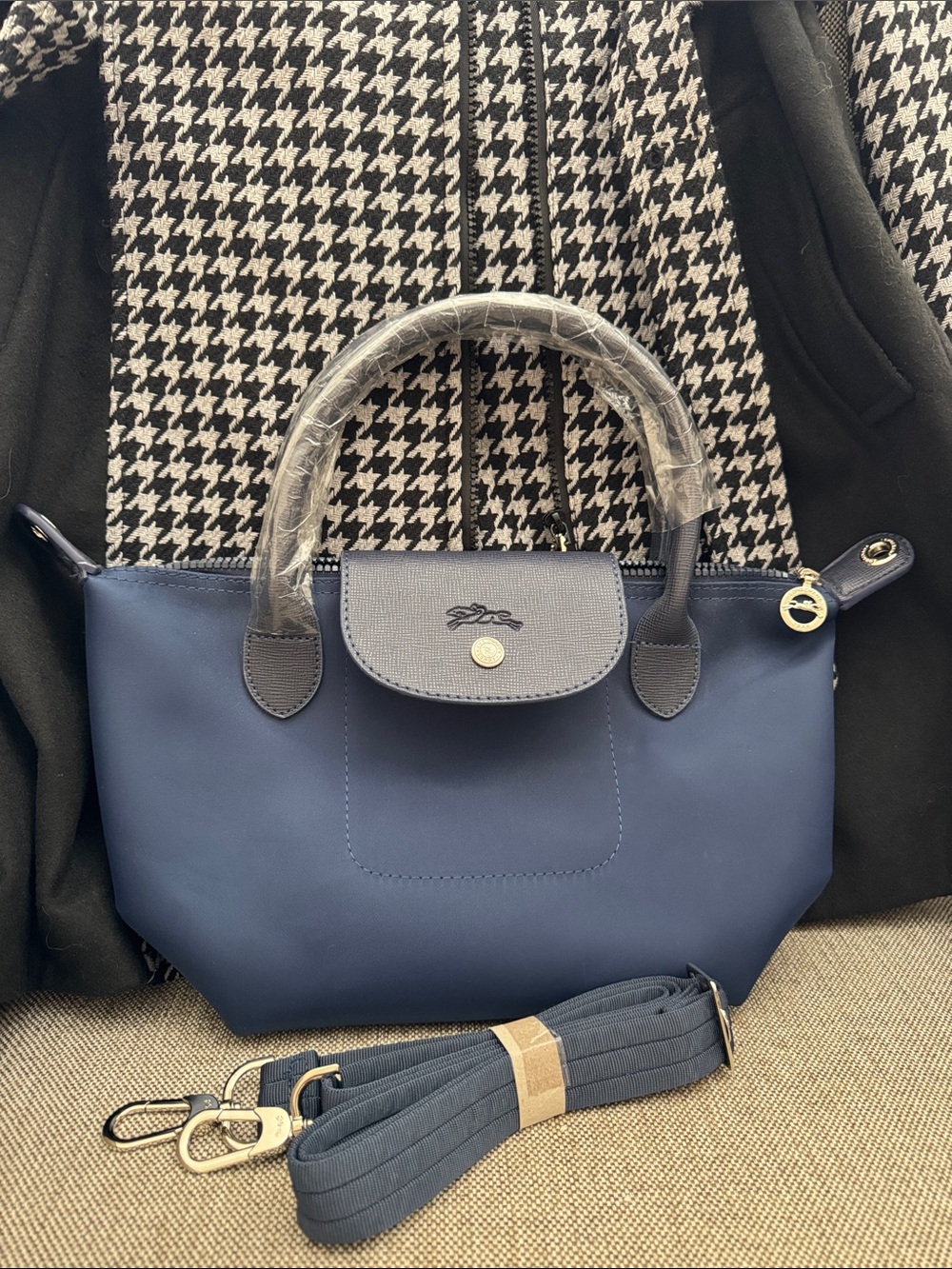 Longchamp Navy Le Pliage Top-Handle Tote with Strap